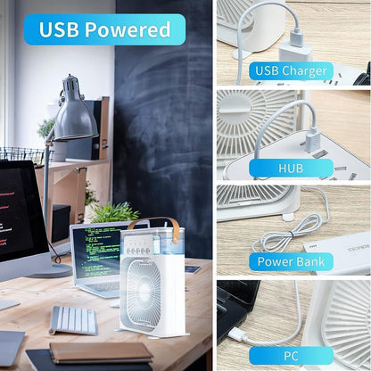 Instant Summer Relief – Mini Portable Air Cooler Fan with Water Mist & USB Rechargeable Power